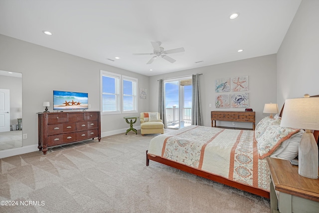 bedroom with baseboards, carpet floors, recessed lighting, and access to exterior