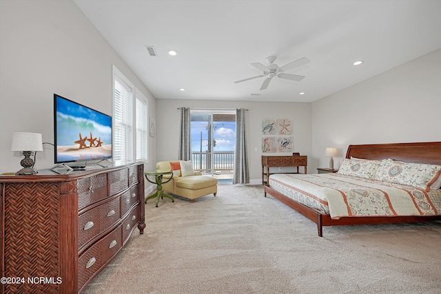 bedroom featuring access to exterior, recessed lighting, carpet flooring, and a ceiling fan