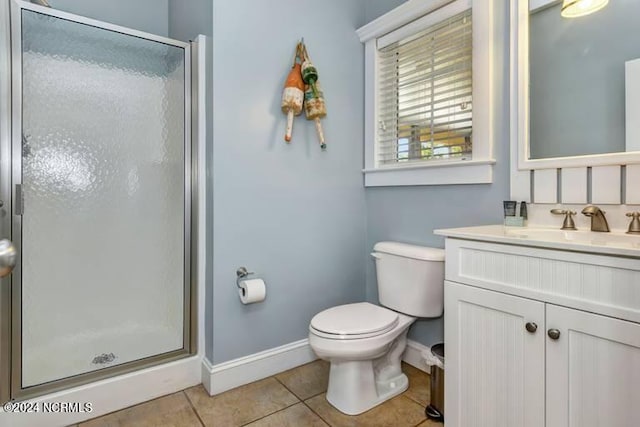 bathroom with an enclosed shower, tile patterned floors, toilet, and vanity