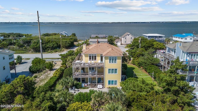 drone / aerial view with a water view