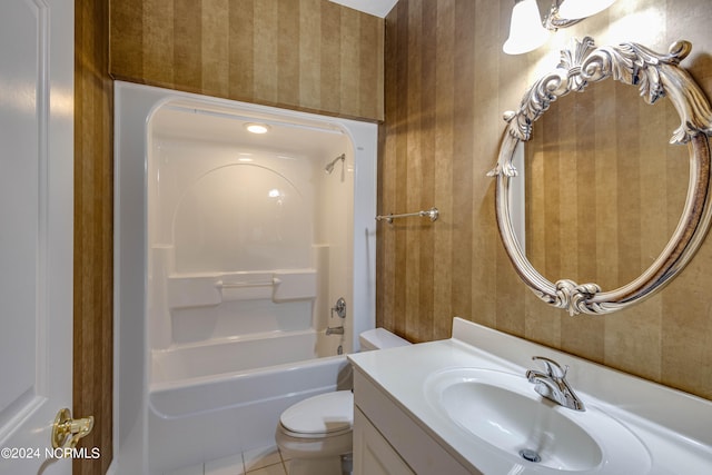 full bathroom featuring shower / bathtub combination, vanity, toilet, and tile patterned floors