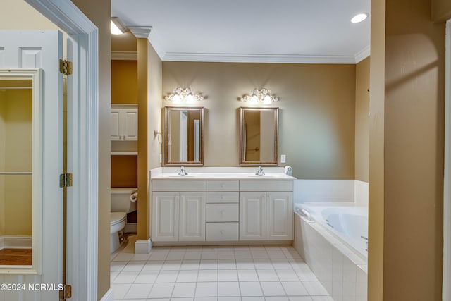 bathroom with tile patterned flooring, ornamental molding, tiled bath, vanity, and toilet