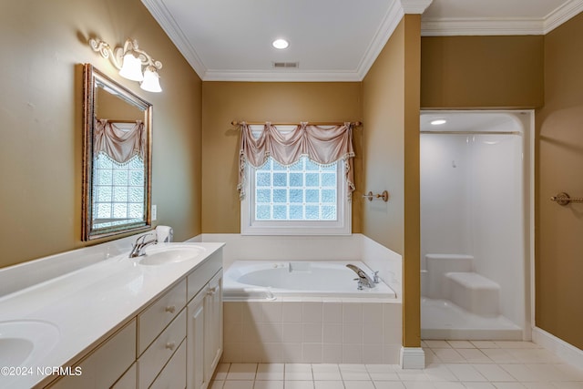 bathroom featuring ornamental molding, vanity, and plenty of natural light