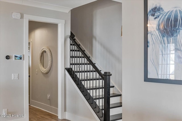 stairway featuring hardwood / wood-style flooring