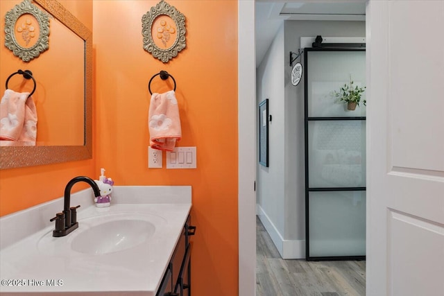 bathroom featuring hardwood / wood-style flooring and vanity