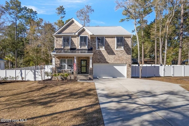 craftsman house featuring a porch, a garage, and a front lawn