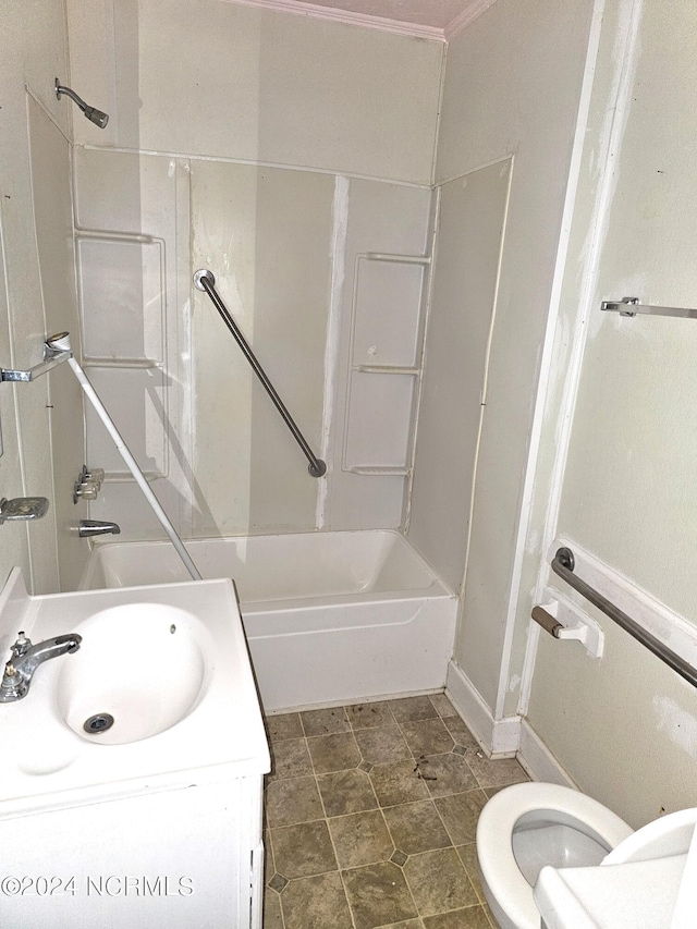 full bathroom with shower / bathing tub combination, vanity, and toilet