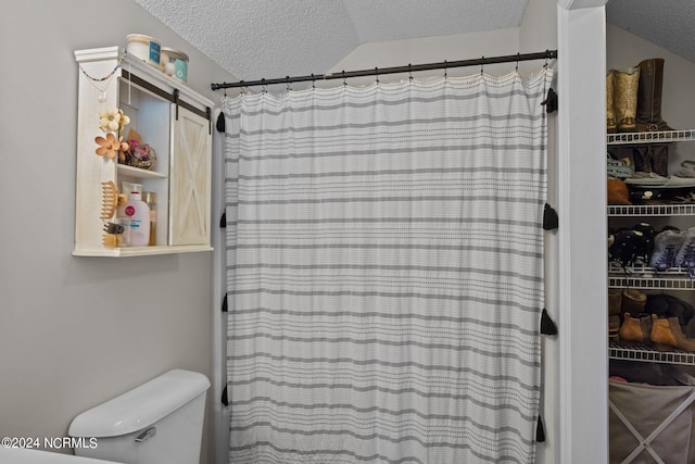 bathroom with toilet, lofted ceiling, and walk in shower