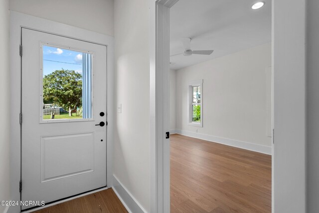 doorway to outside featuring light hardwood / wood-style floors, ceiling fan, and plenty of natural light