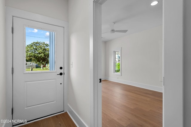 doorway to outside featuring plenty of natural light, baseboards, ceiling fan, and wood finished floors