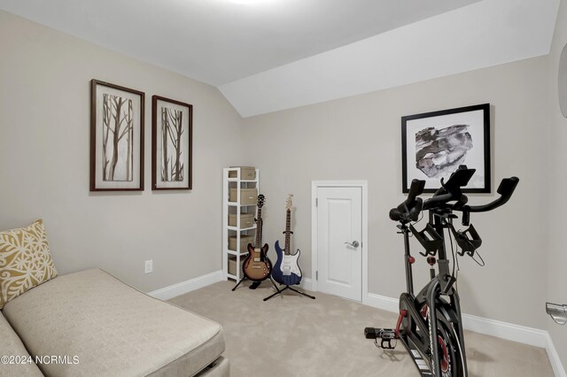 exercise room featuring light carpet and vaulted ceiling