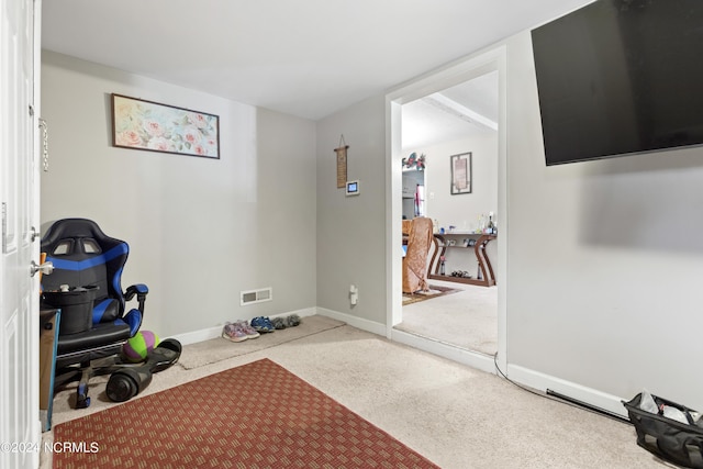 exercise room with carpet, visible vents, and baseboards