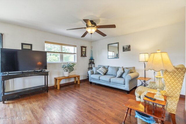 living room with hardwood / wood-style flooring and ceiling fan