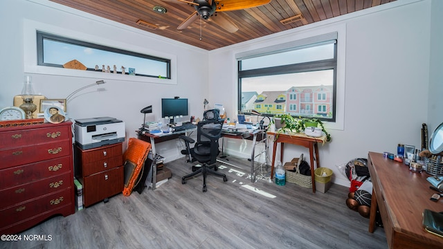 home office with wooden ceiling, crown molding, light wood-type flooring, and ceiling fan