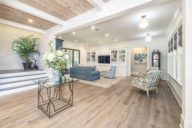 6404 Westport Dr, Wilmington, NC 28409 - living area featuring ornamental molding, beamed ceiling, light wood-style flooring, recessed lighting, and baseboards