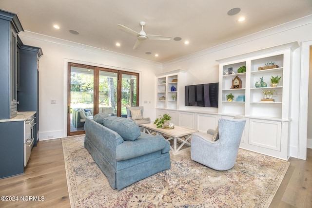 6404 Westport Dr, Wilmington, NC 28409 - living room featuring ornamental molding, a ceiling fan, wood finished floors, and recessed lighting