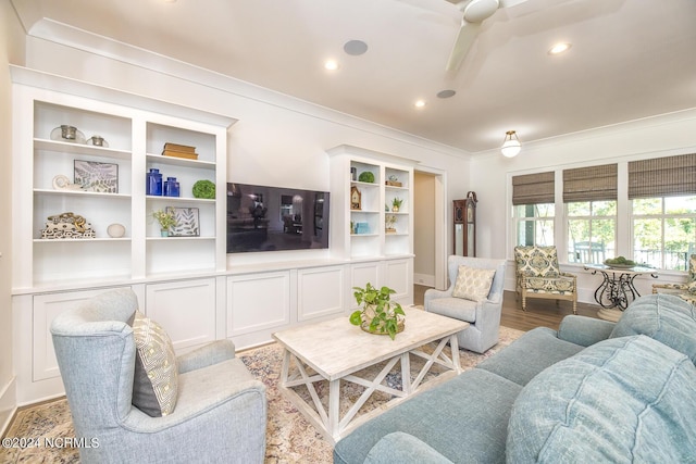 6404 Westport Dr, Wilmington, NC 28409 - living area with recessed lighting, ornamental molding, a ceiling fan, light wood-style floors, and baseboards