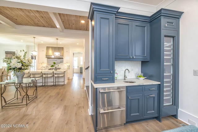 6404 Westport Dr, Wilmington, NC 28409 - bar featuring range hood, tasteful backsplash, light wood-style flooring, a sink, and wood ceiling with exposed beams