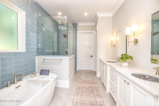 6404 Westport Dr, Wilmington, NC 28409 - bathroom with a tile shower, a freestanding tub, double vanity, ornamental molding, and tile walls