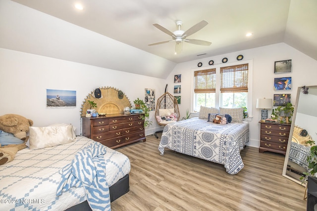 6404 Westport Dr, Wilmington, NC 28409 - bedroom with lofted ceiling, baseboards, light wood-style flooring, ceiling fan, and recessed lighting
