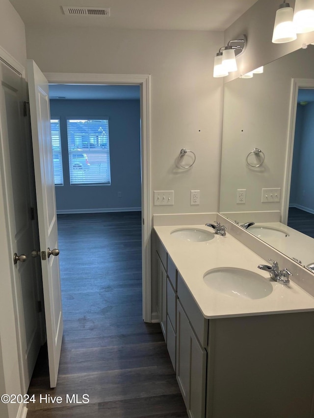 bathroom with hardwood / wood-style floors and vanity