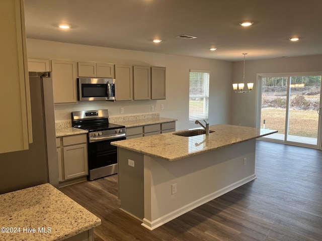 kitchen with dark wood-type flooring, a kitchen island with sink, sink, and stainless steel appliances