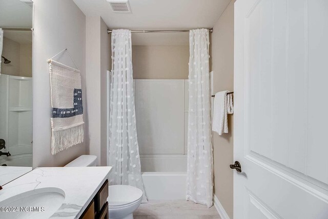 full bathroom with vanity, toilet, and shower / bathtub combination with curtain