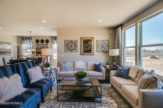 living room with recessed lighting