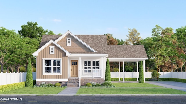 view of front of house with a shingled roof, fence, crawl space, a front lawn, and board and batten siding