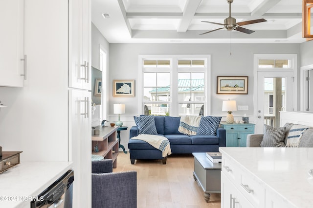 living room featuring light wood-type flooring, beamed ceiling, ceiling fan, crown molding, and coffered ceiling