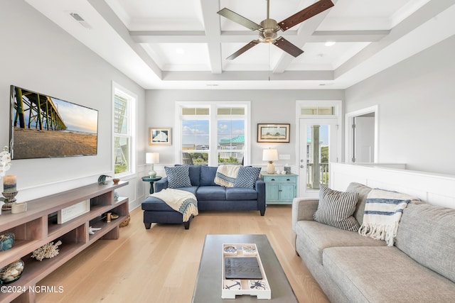 living room featuring beam ceiling, ceiling fan, coffered ceiling, and light hardwood / wood-style floors