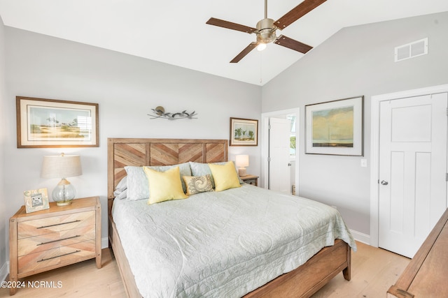 bedroom featuring high vaulted ceiling, ceiling fan, and light hardwood / wood-style floors