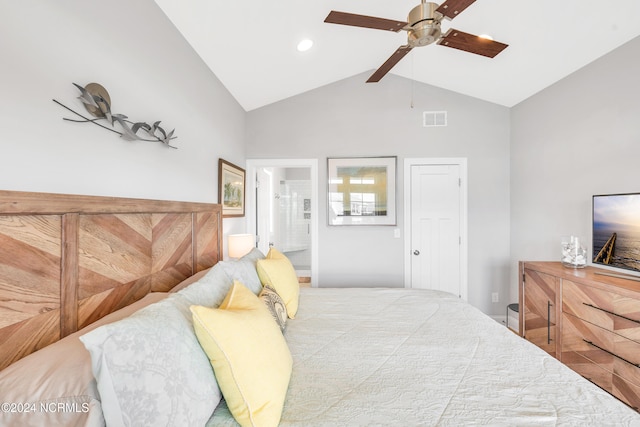 bedroom featuring high vaulted ceiling, ceiling fan, and connected bathroom