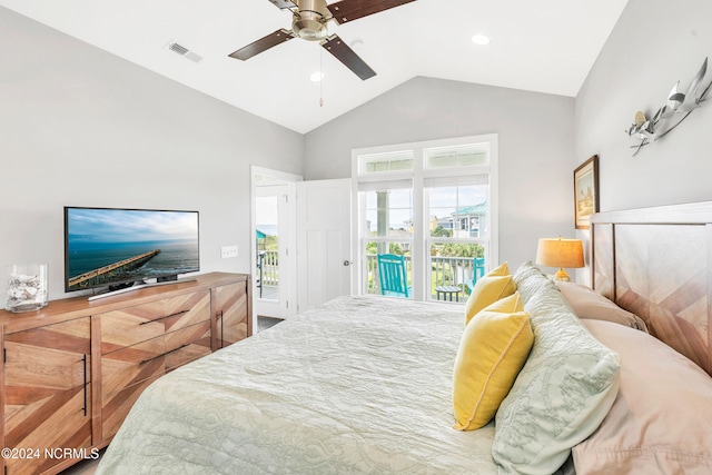 bedroom with lofted ceiling, ceiling fan, and access to exterior