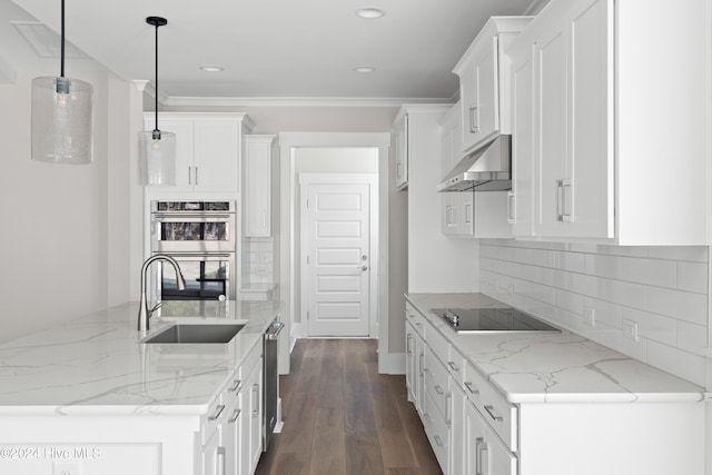 kitchen with light stone counters, stainless steel appliances, dark wood-type flooring, pendant lighting, and white cabinetry