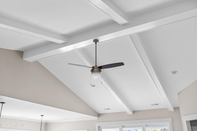 details with beam ceiling and ceiling fan