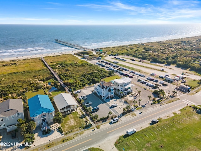 drone / aerial view featuring a water view and a view of the beach