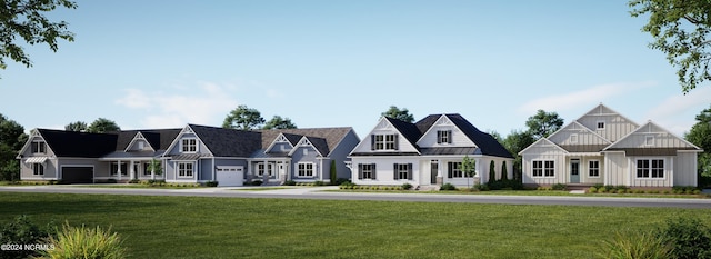 view of front of house with a standing seam roof, metal roof, a front lawn, and board and batten siding