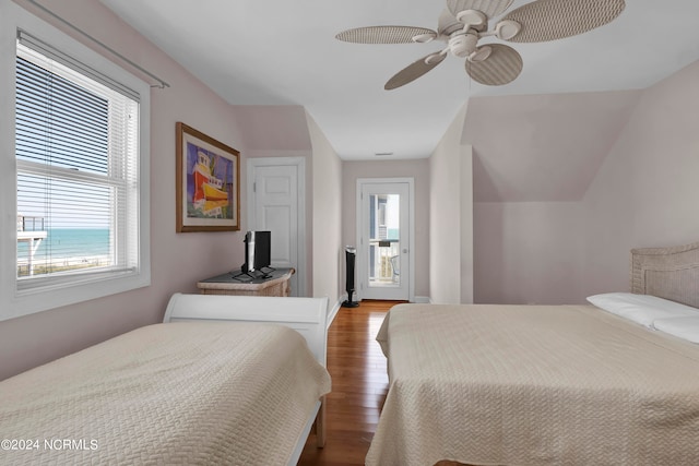 bedroom with hardwood / wood-style flooring and ceiling fan