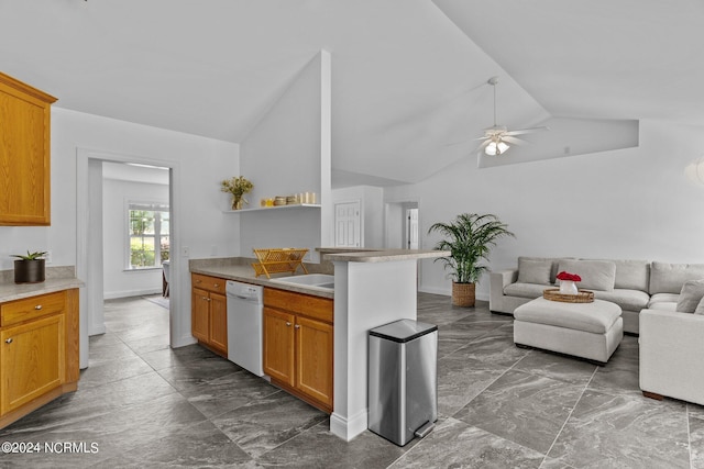 kitchen featuring high vaulted ceiling, kitchen peninsula, white dishwasher, ceiling fan, and sink