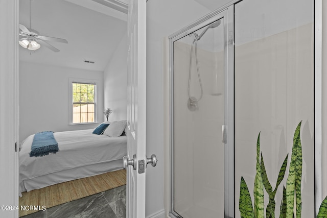 bedroom with vaulted ceiling and ceiling fan