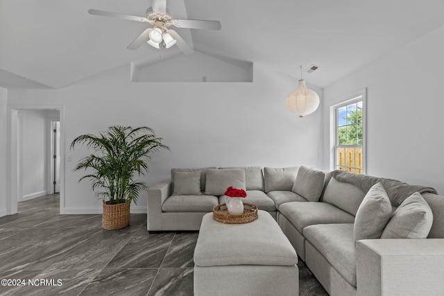 living room featuring lofted ceiling and ceiling fan