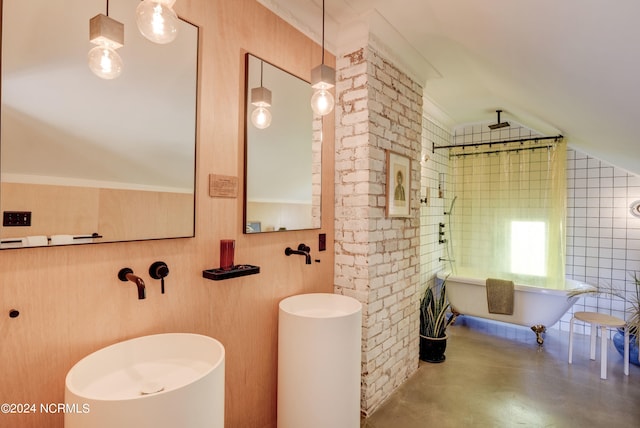 bathroom with concrete flooring and plus walk in shower