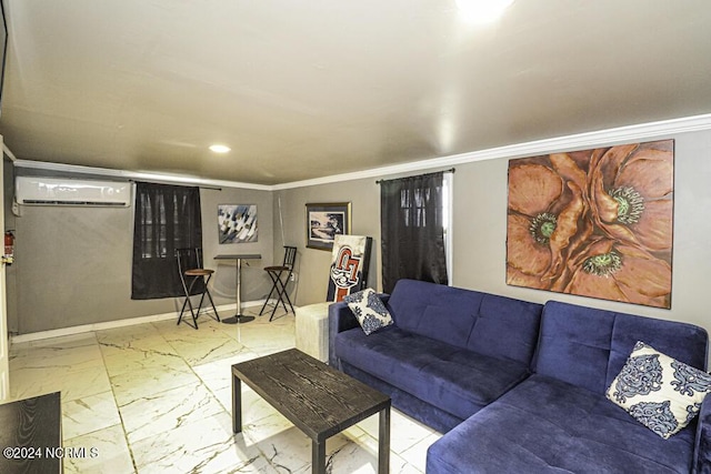 living room featuring baseboards, marble finish floor, a wall mounted air conditioner, and crown molding