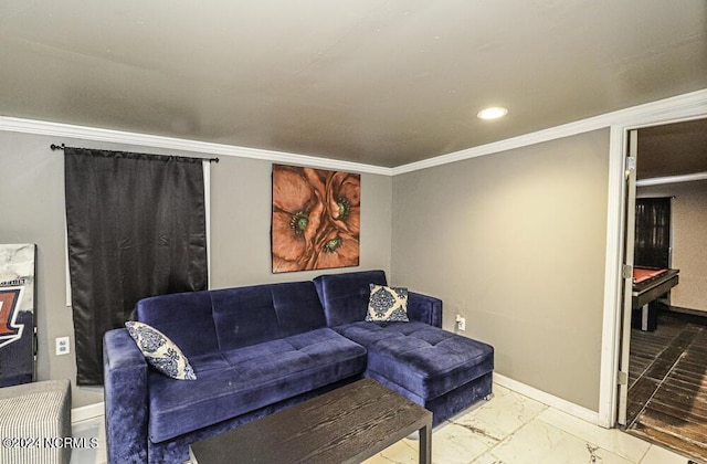 living area featuring marble finish floor, recessed lighting, baseboards, and ornamental molding