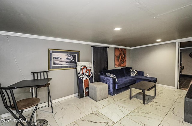 living room featuring baseboards, marble finish floor, ornamental molding, and recessed lighting