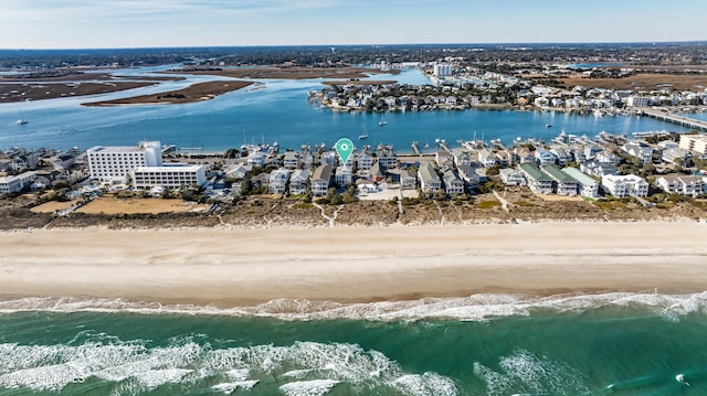 aerial view featuring a water view and a view of the beach