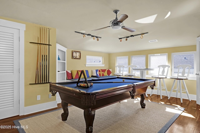 playroom with ceiling fan, wood-type flooring, rail lighting, and billiards