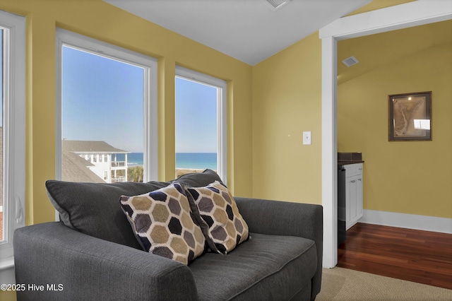 living room with vaulted ceiling, plenty of natural light, and a water view