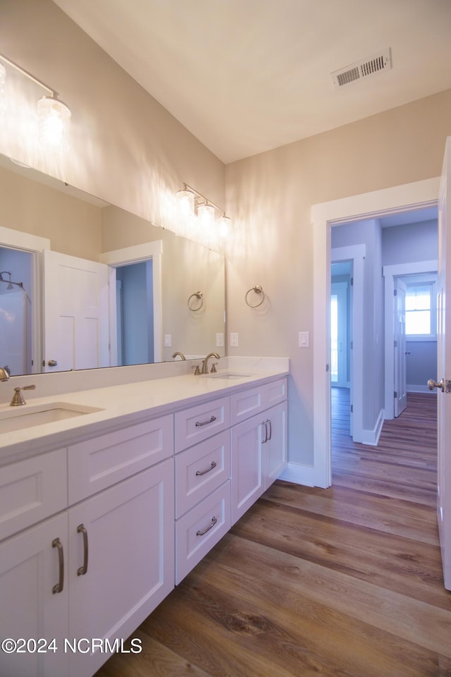 bathroom with vanity and hardwood / wood-style flooring